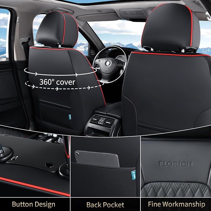 FLORICH Seat Covers, Car Seat Covers Full Set, Luxury Nappa Leather Seat Covers, Breathable and Waterproof Car Seat Protector 5 Seat, Automotive Seat Covers Universal Fit for Most Cars-Black