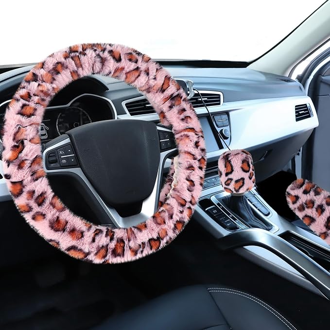 Accmor Fuzzy Steering Wheel Cover, Universal Fit Fur Car Wheel Cover & Handbrake Cover & Gear Shift Cover Set for Women Girls, Leopard Winter Warm Fluffy Vehicle Wheel Protector for Auto, SUV (Pink)