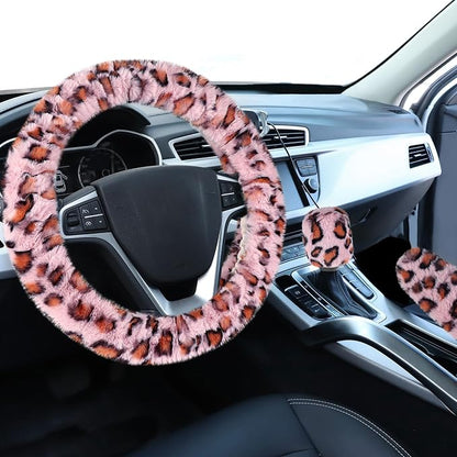 Accmor Fuzzy Steering Wheel Cover, Universal Fit Fur Car Wheel Cover & Handbrake Cover & Gear Shift Cover Set for Women Girls, Leopard Winter Warm Fluffy Vehicle Wheel Protector for Auto, SUV (Pink)