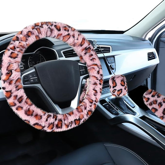 Accmor Fuzzy Steering Wheel Cover, Universal Fit Fur Car Wheel Cover & Handbrake Cover & Gear Shift Cover Set for Women Girls, Leopard Winter Warm Fluffy Vehicle Wheel Protector for Auto, SUV (Pink)