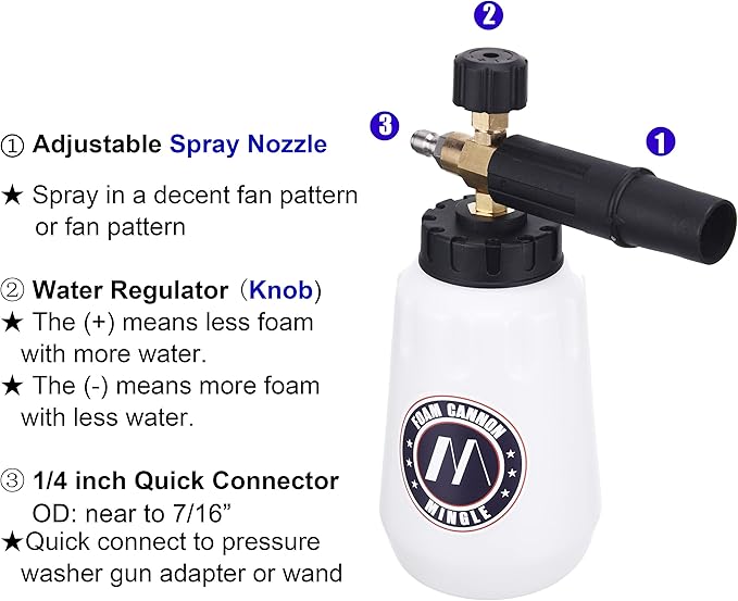 M MINGLE Foam Cannon, Compatible with Portland Husky and Ryobi Pressure Washer, with 5 Nozzle Tips, 1/4 Inch Quick Connector
