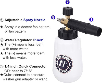 M MINGLE Foam Cannon, Compatible with Portland Husky and Ryobi Pressure Washer, with 5 Nozzle Tips, 1/4 Inch Quick Connector