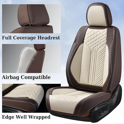 Coverado Leather Car Seat Covers Full Set, 5 Seats Waterproof Seat Covers for Cars Front and Rear Seat Cushions Protectors Universal Fit Most Vehicles (Bronw&Beige)