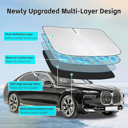 Windshield Sun Shade for BMW 7 Series 2001-2026 Sunshade 300T Windshield Cover Shield Protector Blocks UV Rays Custom Fit 7 Series Front Window Shade Windshield Accessories Keep Cool Foldable
