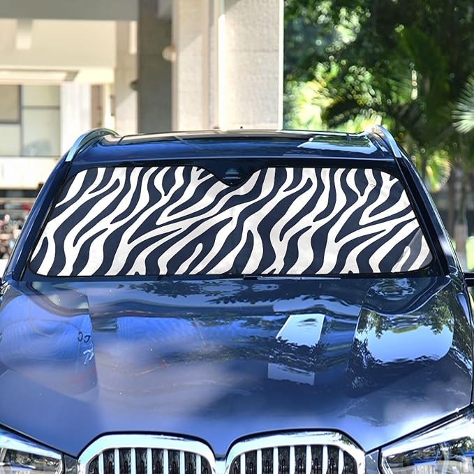 Windshield Sun Shade Blue White Zebra Print Front Window Block UV Shades Visor Reflective Retractable for Car SUV Trucks