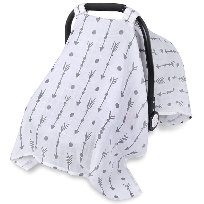 Rquite Car Seat Cover Baby for Boys Girls, 100% Muslin Cotton Infant Carseat Canopy, Soft Breathable Stroller Sun Shade & Newborn Shower Gift, Large Size Universal Fit Summer, Hot & Warm Weather