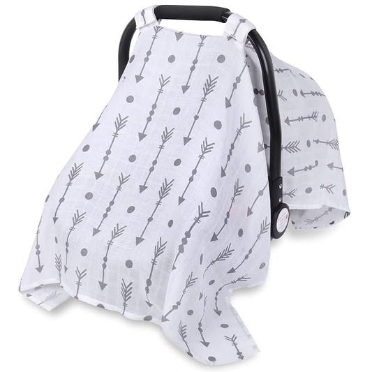 Rquite Car Seat Cover Baby for Boys Girls, 100% Muslin Cotton Infant Carseat Canopy, Soft Breathable Stroller Sun Shade & Newborn Shower Gift, Large Size Universal Fit Summer, Hot & Warm Weather