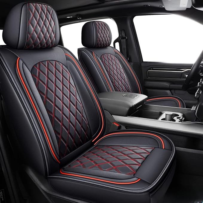 MIROZO Ram Seat Covers Full Set –Waterproof Truck Seat Covers Leather Car Seat Protector Fits 2009-2026 Ram 1500/2500/3500 Crew Quad Regular Cab Pickup with Split Flat Bench 40/60,Black and Red