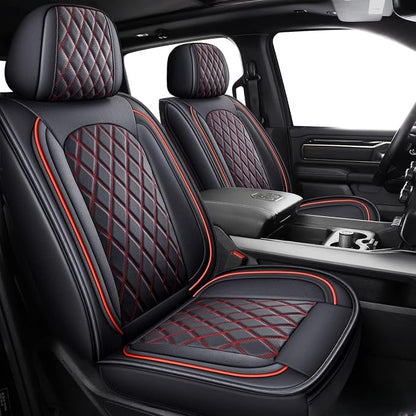 MIROZO Ram Seat Covers Full Set, Waterproof Truck Seat Cover Leather Car Seat Protector Compatible with 2009-2026 RAM 1500/2500/3500 Crew Quad Cab Pickup with Split Curved Bench 40/60,Black and Red
