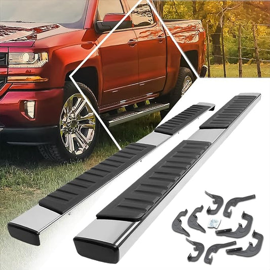 [Pair] 6 Inch Chrome Stainless Running Boards Side Steps Bars Compatible with 07-19 Chevy Silverado/GMC Sierra Crew Cab
