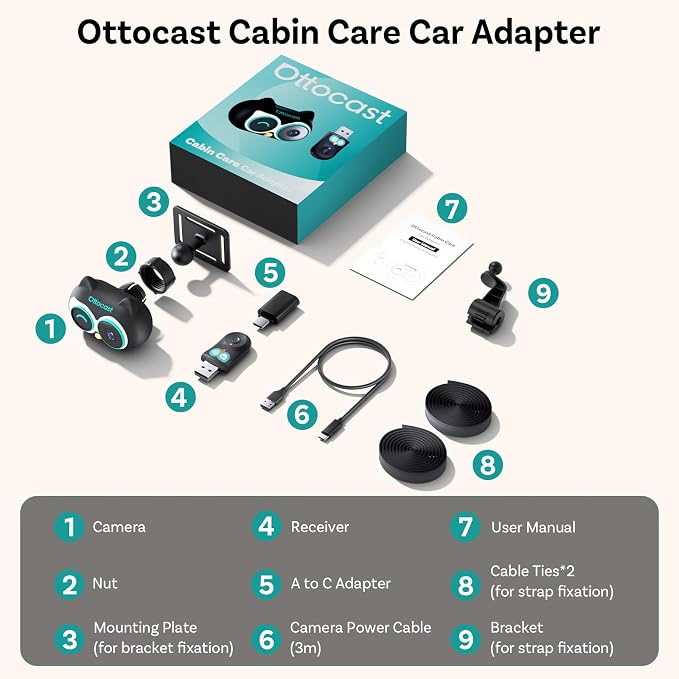 OTTOCAST Cabin Care 2-in-1 Baby Car Camera & Wireless CarPlay Adapter, 1080P Rear Seat View on Car Screen, No Extra Screen, No-Glow Night Vision, 150° Wide Angle, Easy Install, No Android Support
