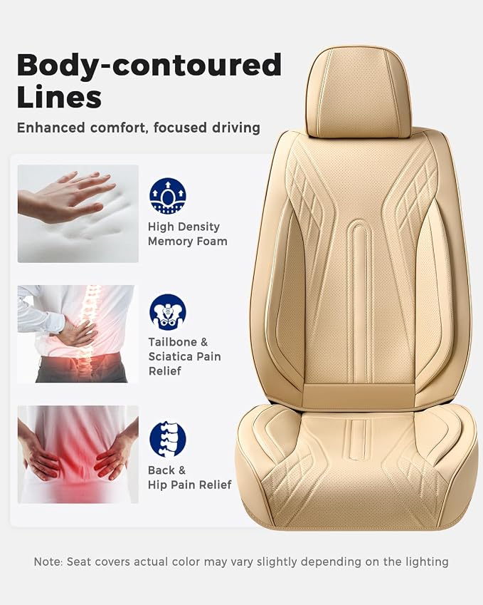 Huidasource Car Seat Covers Full Set, Universal Fit for Most Cars SUV Trucks, Full Coverage Nappa Leather Seat Cover, Airbag, Cupholder Compatible, Velcro Adjustable, Seat Function Retain, Beige