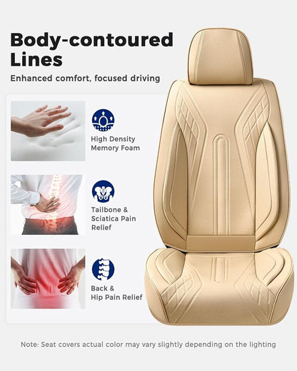 Huidasource Car Seat Covers Full Set, Universal Fit for Most Cars SUV Trucks, Full Coverage Nappa Leather Seat Cover, Airbag, Cupholder Compatible, Velcro Adjustable, Seat Function Retain, Beige