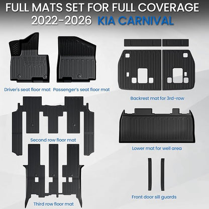 Floor Mats Set for 2022-2025 2026 Kia Carnival 8 Seats(Gas Only), All Weather TPE Backrest Mat Trunk Lower Well Mat Cargo Liner Door Sill Guards Accessories