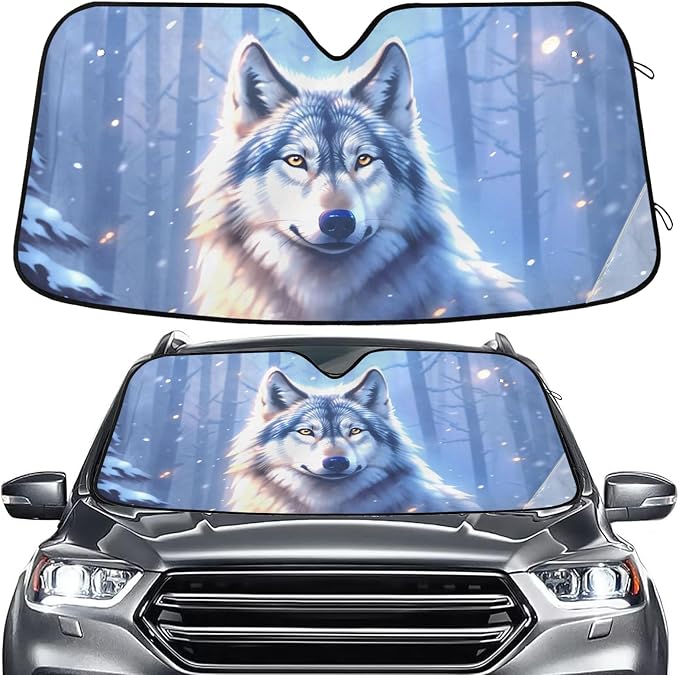 Wolf Winter Forest Windshield Sun Shade for Car Auto SUV Truck Foldable Front Window Sunshade Sun Visor Protector Block UV Rays Reflect Heat, 55" x 28"