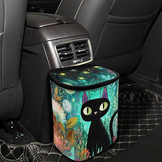 Talayituse Teal Cat Flower Print Car Trash Bin, Large Size Auto Trash Can Adjustable Portable Garbage Can with Lid, Vehicle Hanging Bag for Headrest Front Back Seat