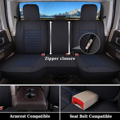 Coverado Ram Seat Covers Full Set, Waterproof Ram 1500 Seat Cover Compatible with 2002-2026 Dodge RAM 1500 2500 3500 Crew Quad Cab with Curved Bench, Black&Blue line