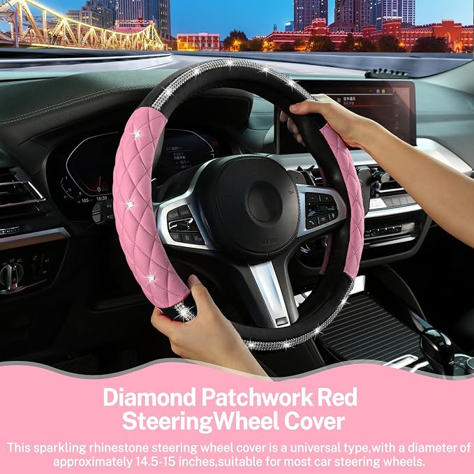 Steering Wheel Cover，with Diamond Crystal Rhinestone,Delicate and Anti-Slip Bling Steering Wheel Cover ，Adaptable to 14.5-15 inches Car Wheel Protector for Women Girl ，Black & Pink