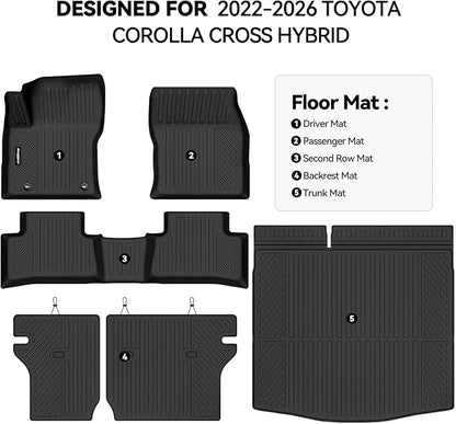 Floor Mats for 2022-2026 Toyota Corolla Cross Hybrid, Trunk Mat and Backrest Mat All Weather TPE Protector for Toyota Corolla Cross Accessories