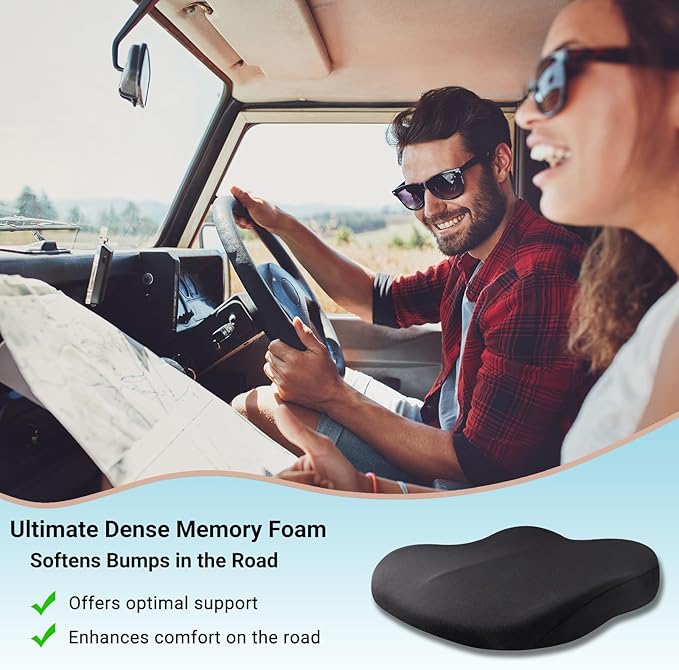 Adult Booster Car Seat Cushion, Wedge Memory Foam Pad for Driving Seat, Effectively Increase Height By 3.94 inch, Car Travel Accessories for Long Trips, (Black)