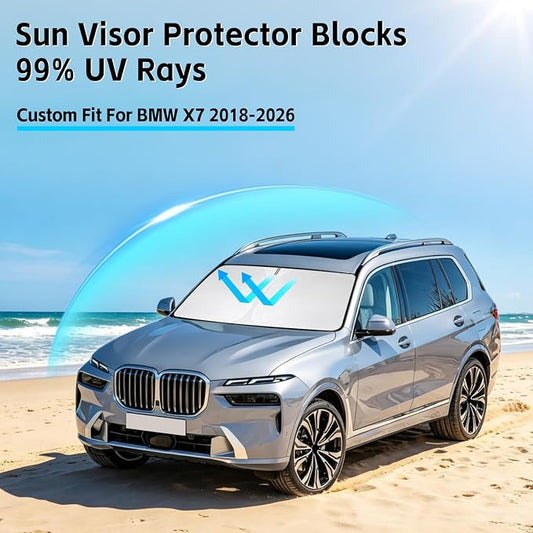 Windshield Sun Shade for BMW X7 2018-2026 Sunshade 300T Windshield Cover Shield Protector Blocks UV Rays Custom Fit X7 Front Window Shades Windshield Accessories Keep Cool Foldable