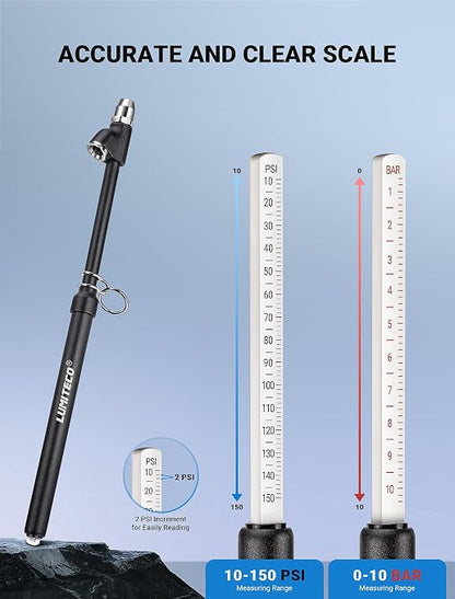 LUMITECO 2-Pack Dual Head Tire Pressure Gauge, Heavy Duty Truck Tire Air Gauge Range 10-150PSI 1-10Bar, Straight-On Pencil Air Pressure Gauge Extended Tube for Semi Truck, Car Tire Pressure Checker