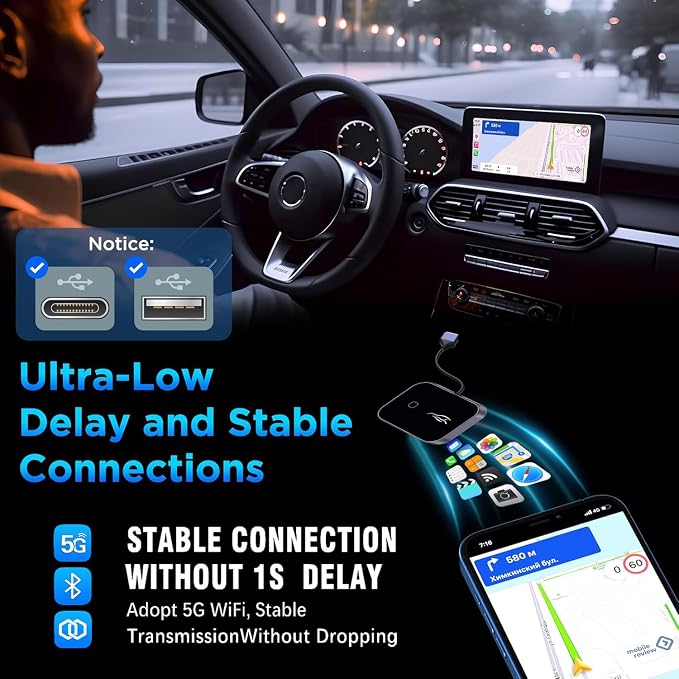 Wireless CarPlay Adapter for iPhone & Android, Convert Wired to Wireless CarPlay Dongle, Plug & Play USB-C, Auto Connect, 5GHz WiFi, Compatible with iOS 10+ & Android 11+ Cars（Black）
