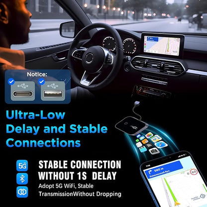 Wireless CarPlay Adapter for iPhone & Android, Convert Wired to Wireless CarPlay Dongle, Plug & Play USB-C, Auto Connect, 5GHz WiFi, Compatible with iOS 10+ & Android 11+ Cars（Black）