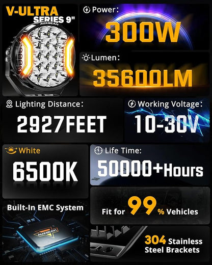 Auxbeam 9 Inch 300W LED Pod Lights, V-Ultra Series Round Spotlights with Amber DRL & 270° Side Shooter, 35600LM Universal Off-Road Driving Lights with DT Harness & Protective Covers, Pair