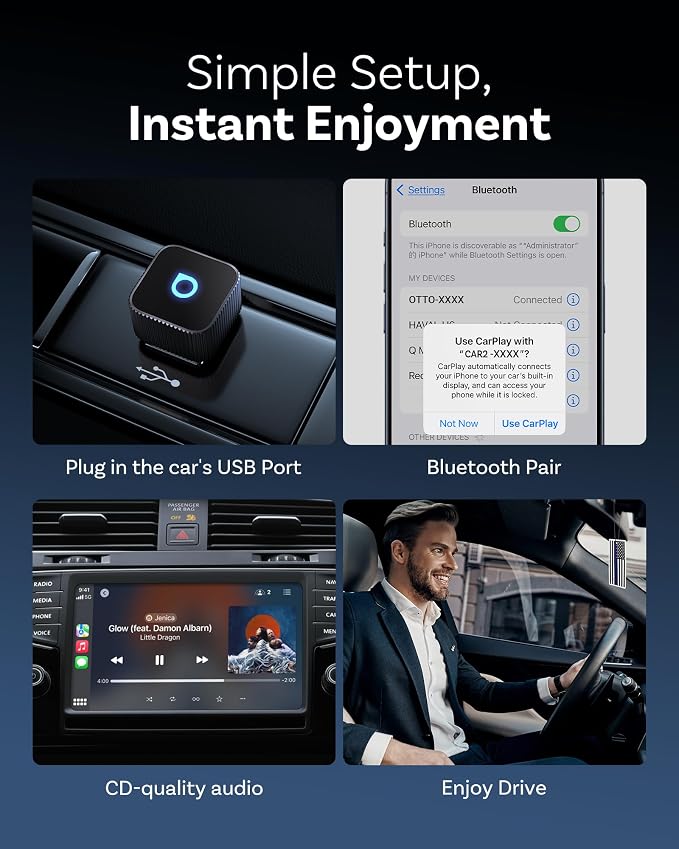 OTTOCAST Mini Slim Wireless CarPlay & Android Auto Adapter, USB-A/USB-C Dual Port, 5s Auto Connect, Plug & Play, Compact Design
