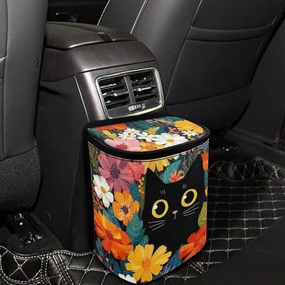 Talayituse Black Cat Daisy Flower Print Car Trash Can Portable Auto Garbage Bin Multifunctional Vehicle Interior Accessories with Adjustable Straps Universal Fit Truck SUV Sedan