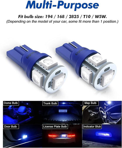 Marsauto 194 LED Bulb Blue 168 T10 2825 5SMD No Polarity Replacement Bulbs for Car Dome Map Door Courtesy License Plate Dashboard Lights Lamp 12V