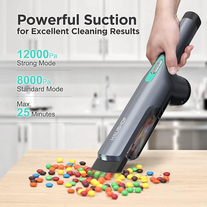 HAUSHOF Handheld Vacuum Cordless, 120W Brushless Motor, lightweight, Portable, Fast-Charging Hand Vac with 12000Pa Powerful Suction and Multifunctional Attachments, Ideal for Home, Office, Pet and Car
