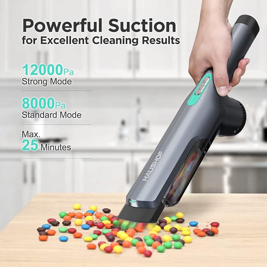 HAUSHOF Handheld Vacuum Cordless, 120W Brushless Motor, lightweight, Portable, Fast-Charging Hand Vac with 12000Pa Powerful Suction and Multifunctional Attachments, Ideal for Home, Office, Pet and Car