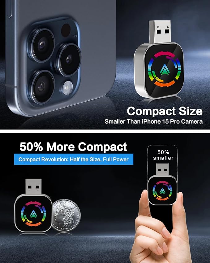 Jasput Carplay Wireless Adapter, 2026 Upgrade Mini Carplay for Apple iPhone & Android Auto Wireless Adapter, for Cars with Built-in Wired Apple Carplay Play and Plug, Stable Control & No Delay