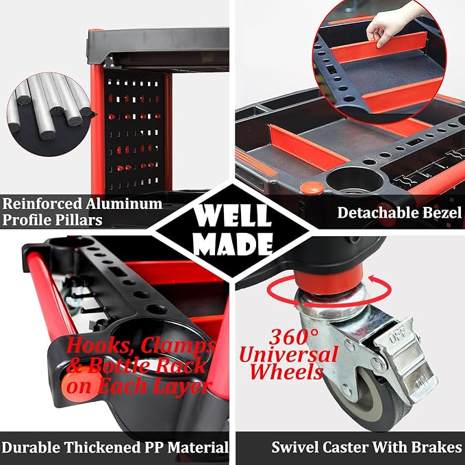 Car Detailing Cart – Auto Detailing Tool Cart with 4 Tool Hanging Board,360° Lockable Universal Wheels, 3 Tier Car Wash Detail Cart for Professional Detailing (4 Tool Hanging Board)