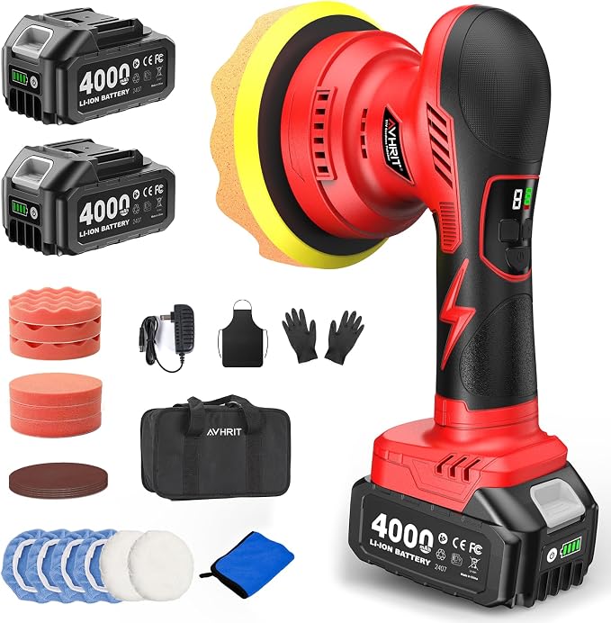 6 Inch Cordless Car Buffer Polisher Kit: Equipped with 2×4000mAh Batteries, Digital Display & 8 Speed Control, Comes with Extra Attachments for Car/Boat Detailing, Scratch Removal and Waxing
