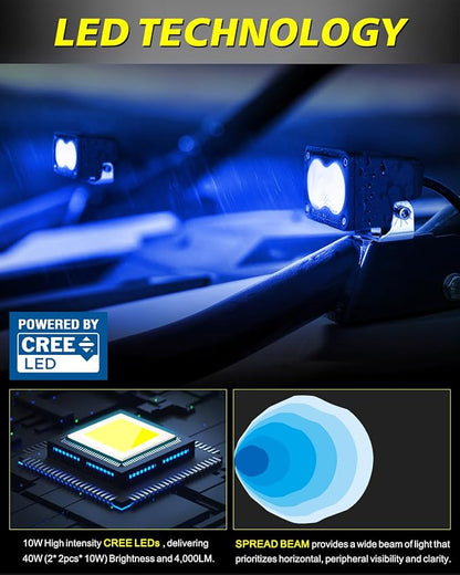 Blue LED Pods, AKD Part 3" 40W Diffused CREE LED Pod Lights Blue Boat Light Bars Fishing Chase Emergency Safety Signal Trailer Lights for Boat Truck Pickup Tractor Van UTV