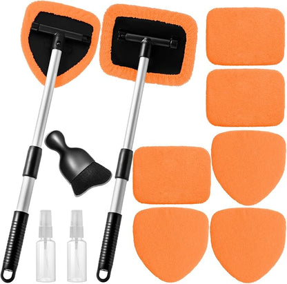 Qydipclin 11pcs Windshield Cleaner Tool, Car Window Cleaning Wash Kit with 6 Reusable Microfiber Pads 2 Spray Bottles and Extendable Handles Auto Glass Wiper Kit, Orange