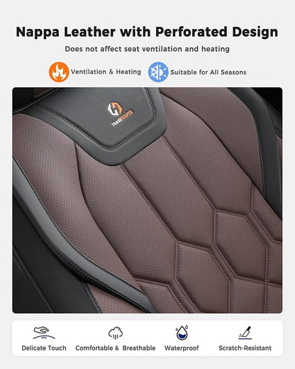 Huidasource Seat Covers Full Set, Universal Fit for Most Cars SUVs Trucks, Full Coverage Leather Seat Cover, Airbag, Cupholder Compatible, Seat Function Retain, Easy Install with Velcro, Black&Coffee