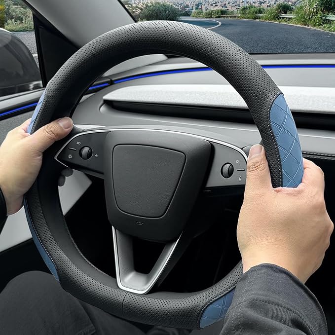 LKWLIKEI Leather Steering Wheel Cover. Elegant Diamond Checkered Design, Non-Slip and Breathable, for Tesla Model 3/Y Steering Wheel Protector,Black Blue