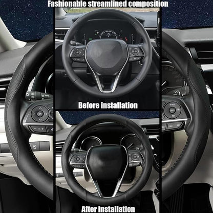 Steering Wheel Cover Universal Standard Size 14.5-15 inch, Non-Folding Packaging, Microfiber Leather, Anti-Slip, Soft Grip, Sporty Design, Fits for Cars SUVs Trucks, Black