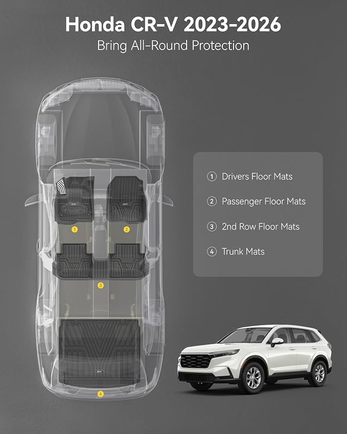 3W Floor Mats & Cargo Liner Fit for Honda CR-V 2023 2024 2025 2026 (Include Hybrid), All Weather TPE Custom Fit CRV Floor Liner 1st, 2nd Row and Trunk (Upper Positon) Full Set Car Mats Black
