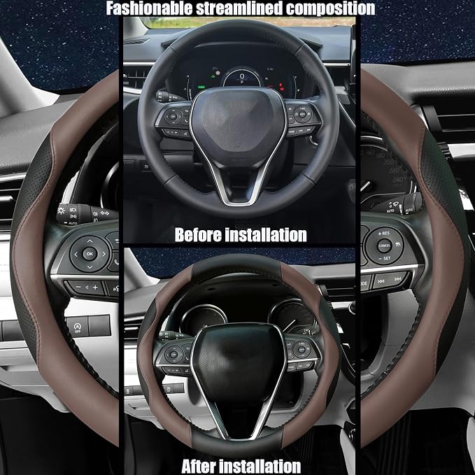 Steering Wheel Cover Universal Standard Size 14.5-15 inch, Non-Folding Packaging, Microfiber Leather, Anti-Slip, Soft Grip, Sporty Design, Fits for Cars SUVs Trucks, Black and Chocolate Brown