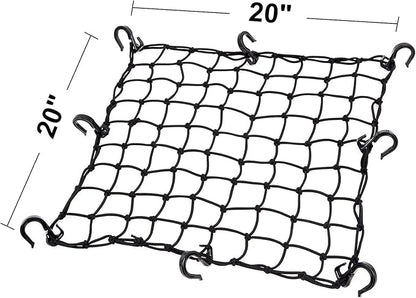 KOFULL 20" x 20" Cargo Net, Bungee net with 8 Hooks, Small Cargo net Stretches to 42" x 42", Cargo Netting with 2" x 2" Mesh for Motorcycle, Bike, ATV - Free 1 PC Luggage Fixed Strap Rope