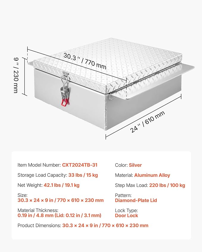 VEVOR Truck Bed Tool Box, Heavy Duty Aluminum Tool Box with Diamond Plate, Storage Toolbox Chest Organizer Supports up to 220 lbs, Ideal for Pickup, Truck Bed, RV, Trailer, 30.3 x 24 x 9 in, Silver