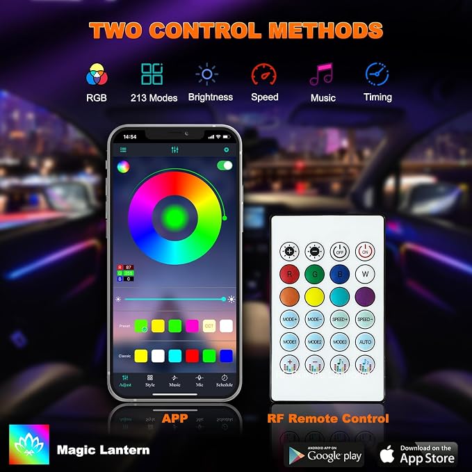 Jushope Interior Car LED Strip Lights, Acrylic LED Lights for Car with Dynamic Dreamcolor Chasing, Ambient Lighting Kits Music Sync Wireless APP and RF Remote Control (10 in 1)