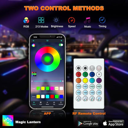 Jushope Interior Car LED Strip Lights, Acrylic LED Lights for Car with Dynamic Dreamcolor Chasing, Ambient Lighting Kits Music Sync Wireless APP and RF Remote Control (43.5+14.5'')