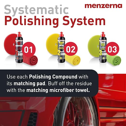 menzerna Polishing Set 8oz – HCC1000, MCC2500 & SFP3800 | 3-Step System incl. 3 Matching 6-Inch Pads & 3 Matching Microfiber Towels for Scratch Removal, Swirl Elimination & Mirror-Like Finish