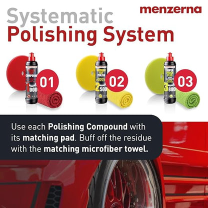 menzerna Polishing Set 8oz – HCC1000, MCC2500 & SFP3800 | 3-Step System incl. 3 Matching 6-Inch Pads & 3 Matching Microfiber Towels for Scratch Removal, Swirl Elimination & Mirror-Like Finish